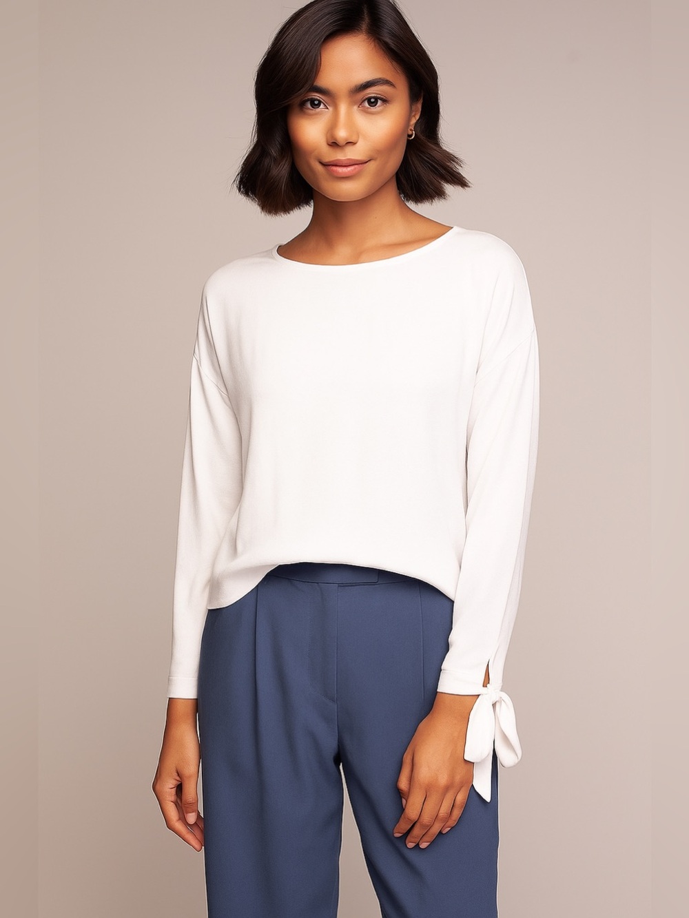 White Long-Sleeve Tie Cuff Top